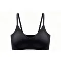 Detail view of seamless black V-neck bra with scalloped edges and adjustable straps - S / Black