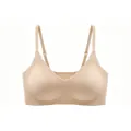 Detail view of seamless v-neck bra with scalloped edges and adjustable thin straps - S / Beige
