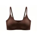 Seamless V-neck wireless bra in dark brown featuring wavy edges and adjustable straps - S / Brown