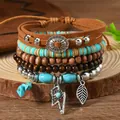 Bohemian multilayer bracelet with turquoise beads and brown leather cord on wood - Sunflower Turquoise Bohemian Style (Style 10)