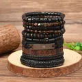 Men's bohemian layered bracelet set with wood beads, leather, and religious metal plate - Lord's Prayer Star of David Style (Style 11)
