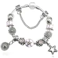 DIY beaded charm bracelet with pink enamel stars, flowers and silver pendants - 16cm / White