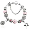 DIY charm bracelet with pink enamel flowers and star pendants on silver snake chain - 16cm / Pink