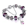 Pandora-style charm bracelet with Austrian crystals, crown pendant and purple glass beads - 17cm / Light Purple