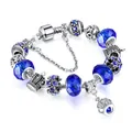 Silver snake chain bracelet featuring royal blue Austrian crystal and crown pendant - 17cm / Sapphire Blue