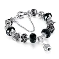 Silver snake chain bracelet featuring black crystal beads and crown pendant charm - 17cm / Black