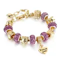 Luxurious gold-plated charm bracelet with purple rhinestones, crown and I love you heart - Light Purple