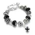 Retro DIY alloy charm bracelet with black beads and purple gemstone pendant on silver snake chain - Black