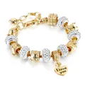 Gold charm bracelet with crystal beads and heart pendant featuring I love you engraving - 16cm / White