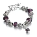 Silver alloy charm bracelet with deep purple faceted crystal beads and heart pendant - 20+5cm / Purple