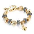 Gold charm bracelet with I Love You heart pendant and sparkling rhinestone beads - 16cm / Gray