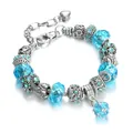 Vintage silver alloy bracelet with sky blue faceted crystal beads and heart charm pendant - Lake Blue