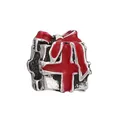 Silver bead charm featuring a red enamel Christmas gift box design with bow details - Red Gift Box Style (21) / Red/Silver