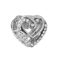Ciondolo a cuore traforato in metallo argento con strass scintillanti per braccialetti - Cuore Doppio Cavo Argento (009)