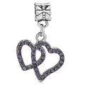 Silver-tone double heart charm pendant with sparkling purple rhinestones for DIY jewelry - 4mm / Purple Double Hearts (037) / 5 Pieces