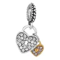 Classic silver and gold double heart lock charm with sparkling pavé cubic zirconia - White Gold Double Heart Locks (043)