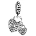 Sparkling silver double heart padlock charm with clear cubic zirconia pavé stones - White Double Heart Locks (045)