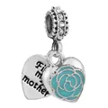 Blue enamel rose heart charm with First My Mother engraving in silver finish - Blue Rose Mother Charm (032)