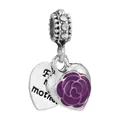 Silver heart pendant with purple rose and For mother engraving for DIY jewelry - Purple Rose Mother Charm (033)