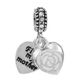 Double heart charm with white enamel rose and First my mother engraving in S925 silver - White Rose Mother Charm (034)