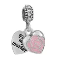 Silver pendant charm with For my mother engraving and pink enamel rose for bracelet - Pink Rose Mother Charm (035)