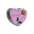 Silver heart charm bead with pink enamel, MAMA text and rose floral pattern - Silver MAMA Heart Style (014)