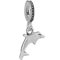Polished silver dolphin charm with black cubic zirconia loop for bracelets and necklaces - Vivid Dolphin Charm Pendant (002)