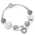 DIY charm bracelet with silver snake chain, milky white beads, and sparkling heart pendant - 17cm / White