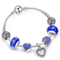 DIY silver charm bracelet with blue glass beads and heart pendants on snake chain - 17cm / Blue
