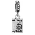 Colgante de libro plateado con grabado Happy Birthday y diseño de pastel de fiesta - Colgante de Libro de Feliz Cumpleaños (042) / 042
