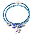 Detail of blue leather cord bracelet featuring silver charms and a crystal heart pendant - Windmill Heart Blue Beaded Style (Style 2) / 16cm