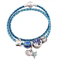 Detail of blue double-layer braided leather bracelet with star and starfish charms - Ocean Starfish Shell Moon Style (Style 3) / 16cm