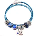 Bracciale in pelle intrecciata blu con ciondoli a cuore e gufo in argento S925 su bianco - Stile Gufo Doppio Cuore Galassia (Stile 5)