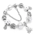DIY silver charm bracelet with white floral pendants and crystal beads on snake chain - 16cm / White