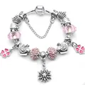Silver snake chain bracelet with pink crystal beads and heart clover charms - 16cm / Pink