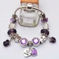 Silver beaded bracelet with purple crystals and engraved heart charms for Mother's Day - 16cm / Purple