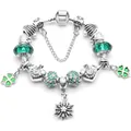 Silver snake chain charm bracelet with green beads, lucky clover pendants and S925 stamp - 16cm / Green