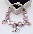 Silver-plated beaded snake chain bracelet with pink crystals and daughter heart charms - 16cm / Pink