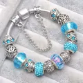 Blue glass floral beaded charm bracelet with sparkling stones on silver snake chain - Sky Blue / 16cm