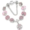 European style charm bracelet with pink faceted crystal beads and rose flower pendant - Pink / 16cm
