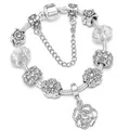 European style silver snake chain bracelet with pink crystals and rose flower charm - Silver / 16cm