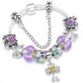 Silver beaded charm bracelet with butterfly pendant and colorful enamel beads - Purple / 16cm