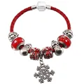Red braided leather Christmas bracelet with silver snowman and snowflake charms - 16cm / Snowman and Snowflake Style (003)