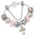 Silver snake chain bracelet with pink butterfly charms and floral enamel beads - Pink / 16cm