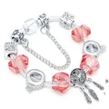 Silver dreamcatcher charm bracelet with pink crystal beads and LOVE engraving - 16cm / Pink