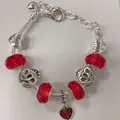 Klassisches silbernes Schlangenarmband mit roten Perlen und I Love You Herzanhängern - Silber Herz Krone Stil (02) / 16cm