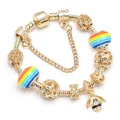 Detailed close-up of golden bee charm with enamel stripes and crystals on a snake chain bracelet - 16cm / Style 04-Gold/Multicolor