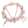 Rose gold snake chain bracelet featuring purple charms and dreamcatcher feather pendants - 16cm / Purple