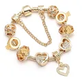 Chic gold heart and crown charm bracelet with champagne glass beads and safety chain - Heart Crown Style (Style 001) / 16cm