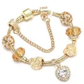 Golden DIY charm bracelet with heart pendant and amber beads on a white background - Rhinestone Heart Style (Style 004) / 16cm